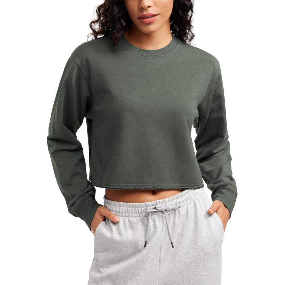 imageCRZ YOGA Womens Fleece Cropped Sweatshirts Crewneck Long Sleeve Double Raw Hem Workout Casual Pullover TopsGrey Sage