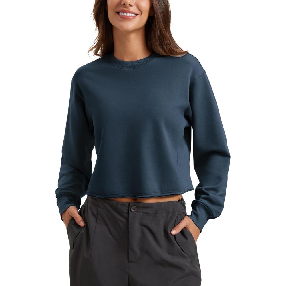 imageCRZ YOGA Womens Fleece Cropped Sweatshirts Crewneck Long Sleeve Double Raw Hem Workout Casual Pullover TopsInk Blue