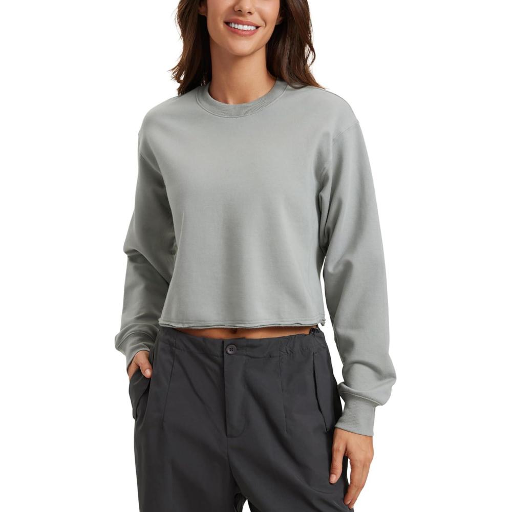 imageCRZ YOGA Womens Fleece Cropped Sweatshirts Crewneck Long Sleeve Double Raw Hem Workout Casual Pullover TopsSterling