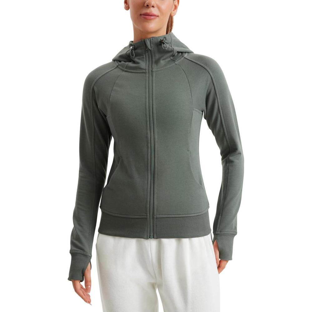 imageCRZ YOGA Womens Fleece Full Zip Hoodie Jackets Workout Hooded Zipper Basic Casual Sweatshirts with Thumb HolesGrey Sage