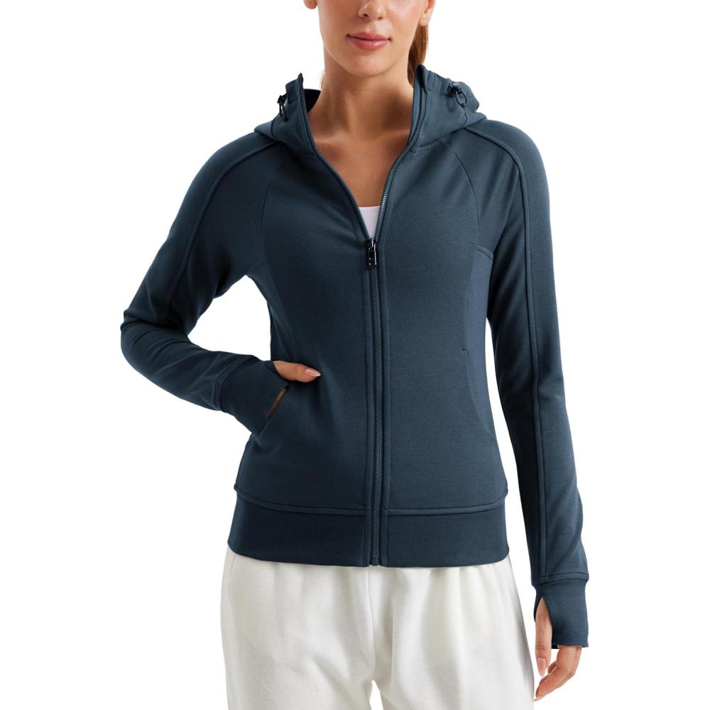 imageCRZ YOGA Womens Fleece Full Zip Hoodie Jackets Workout Hooded Zipper Basic Casual Sweatshirts with Thumb HolesInk Blue