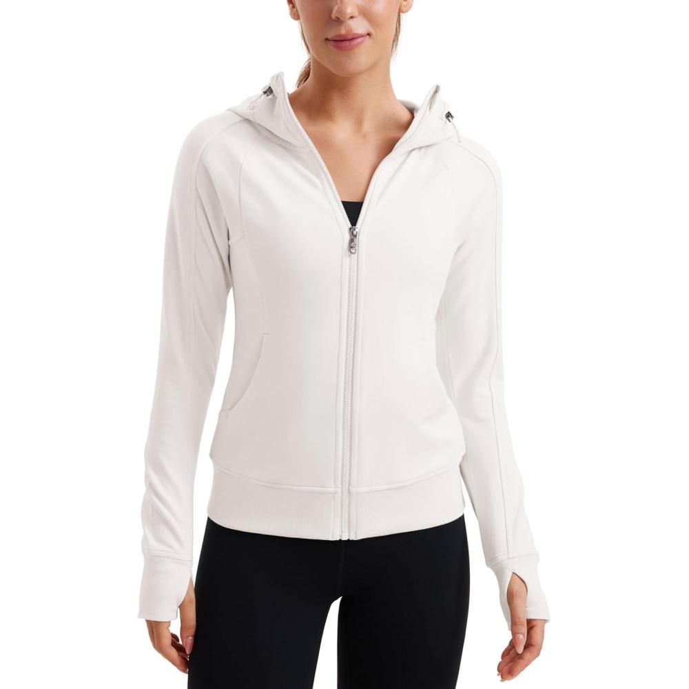imageCRZ YOGA Womens Fleece Full Zip Hoodie Jackets Workout Hooded Zipper Basic Casual Sweatshirts with Thumb HolesMilky White Bone