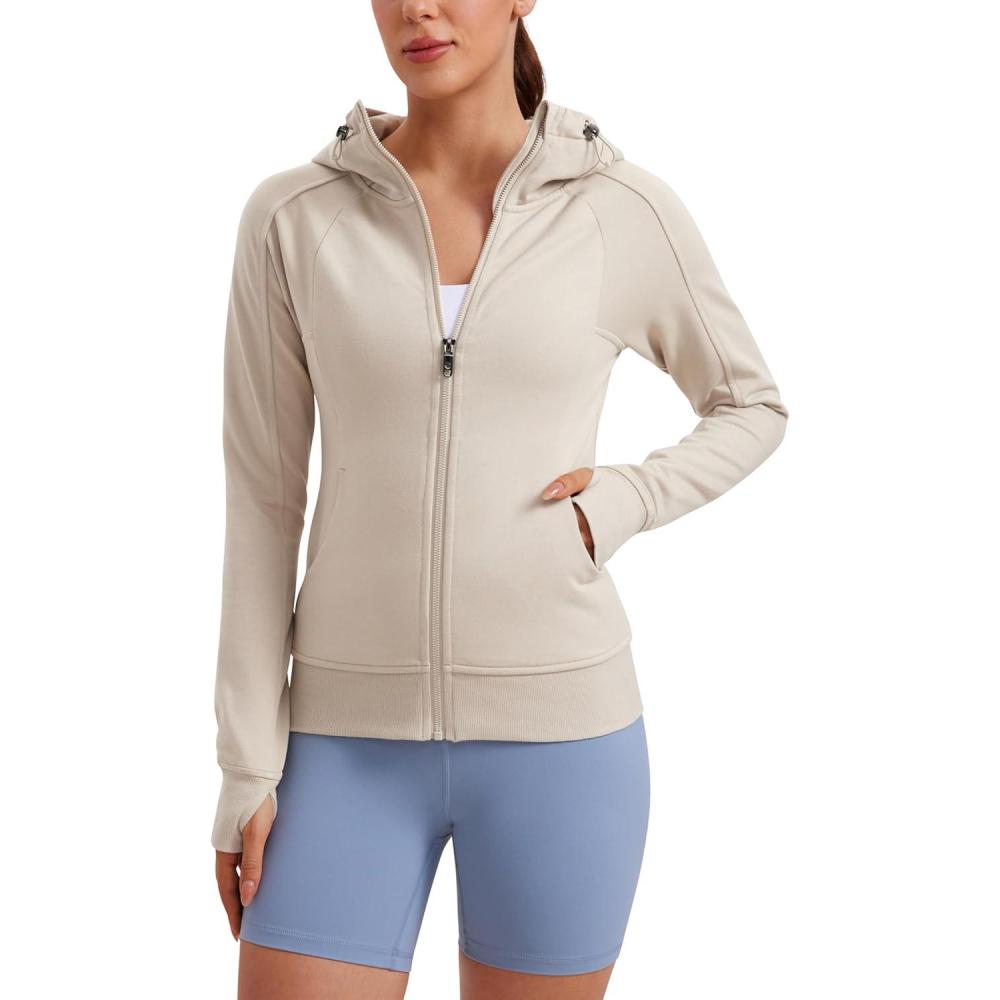 imageCRZ YOGA Womens Fleece Full Zip Hoodie Jackets Workout Hooded Zipper Basic Casual Sweatshirts with Thumb HolesMojave Tan
