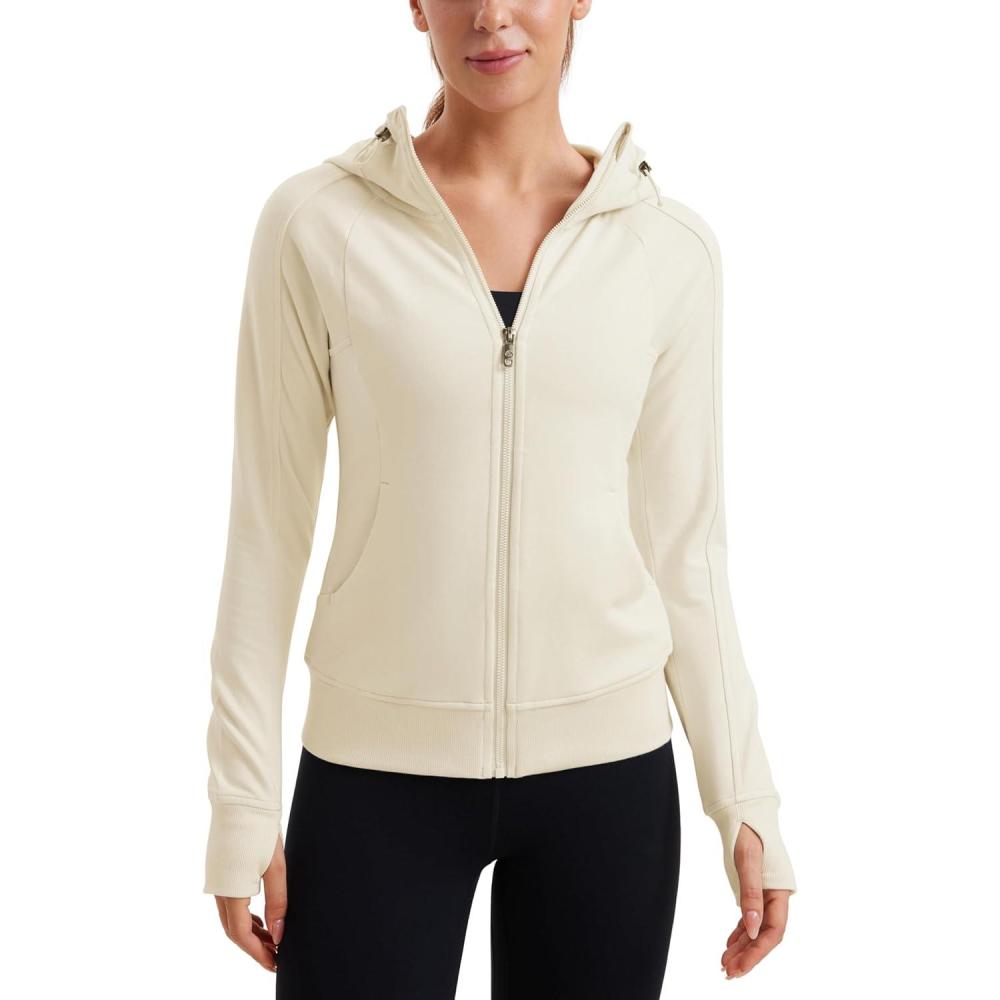 imageCRZ YOGA Womens Fleece Full Zip Hoodie Jackets Workout Hooded Zipper Basic Casual Sweatshirts with Thumb HolesWhite Apricot