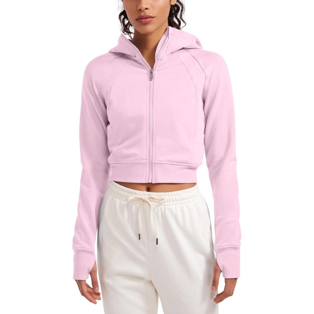imageCRZ YOGA Womens Fleece Zip Up Cropped Hoodie Workout Jacket Athletic Casual Long Sleeve Sweatshirts with Thumb HolesPink Peony