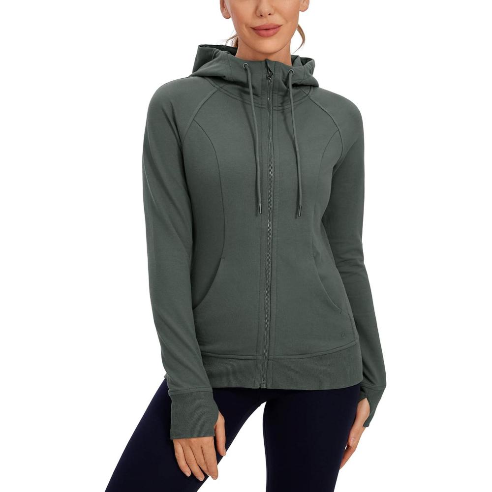 imageCRZ YOGA Womens Full Zip Hooded Sweatshirts Workout Sweat Jackets Slim Fit Running Track Hoodies with ThumbholesGrey Sage