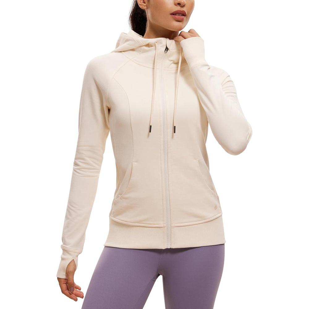 imageCRZ YOGA Womens Full Zip Hooded Sweatshirts Workout Sweat Jackets Slim Fit Running Track Hoodies with ThumbholesWhite Apricot