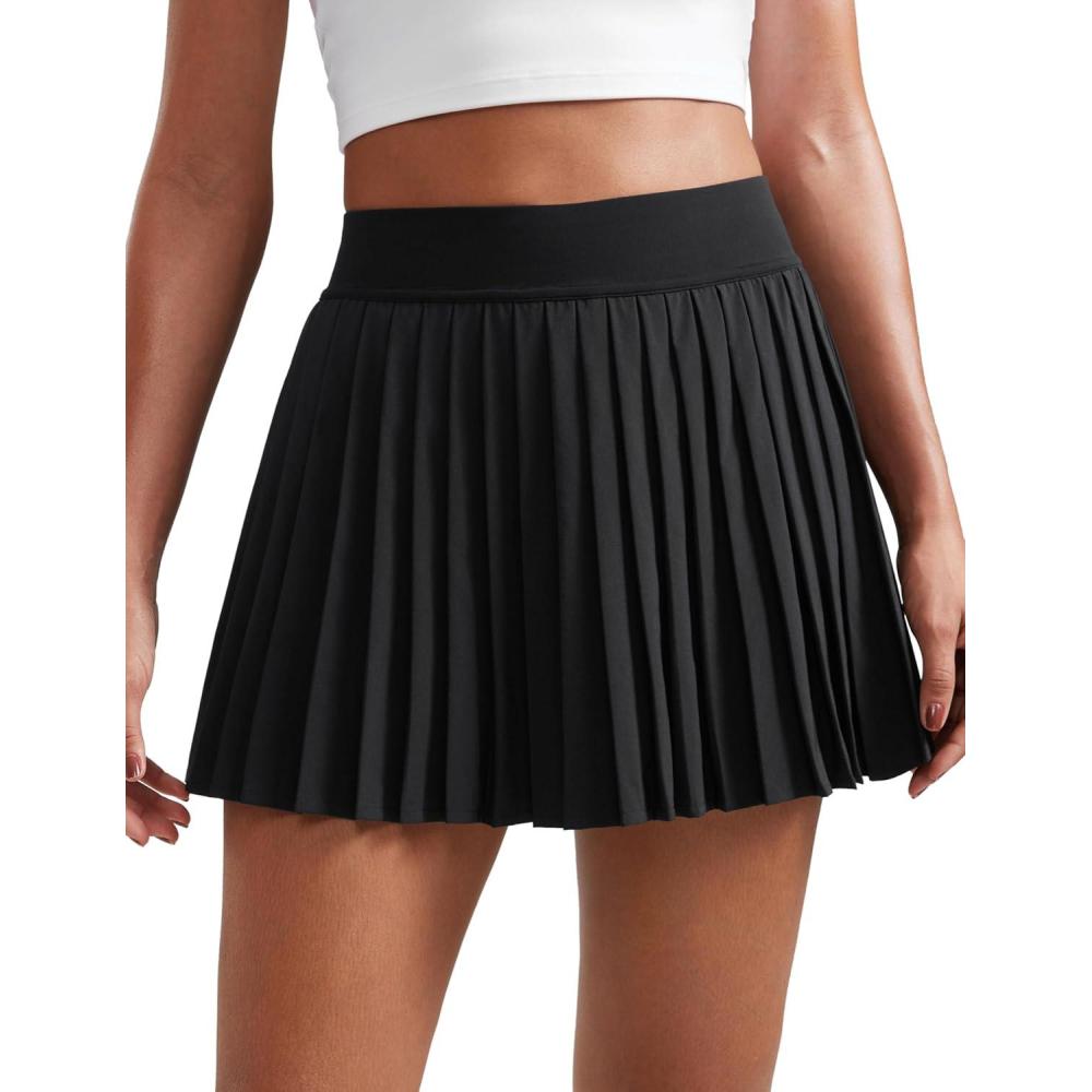 imageCRZ YOGA Womens Mini Pleated Athletic Tennis Skirts High Waisted A Line Golf Pickleball Casual Skort with Inner PocketsBlack
