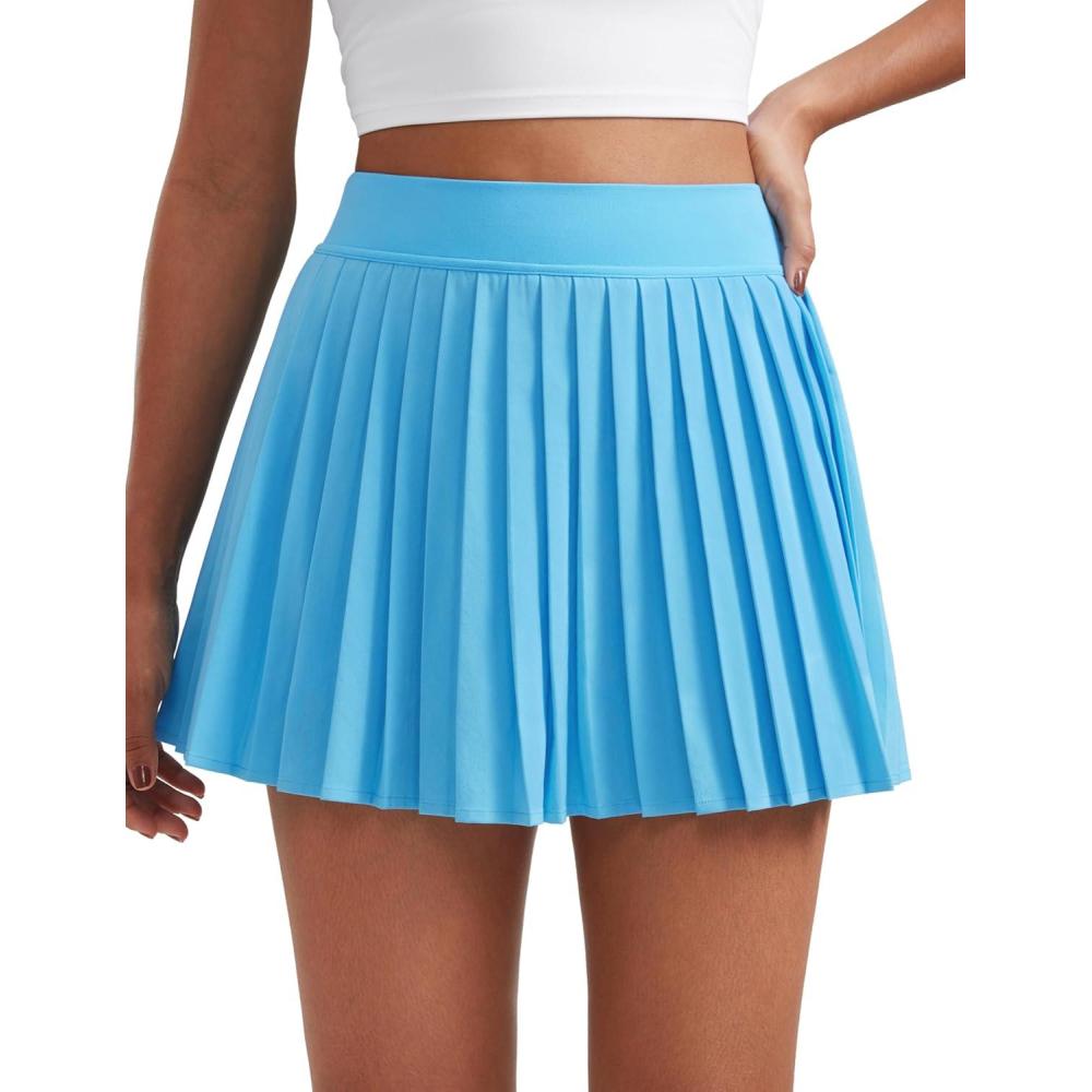 imageCRZ YOGA Womens Mini Pleated Athletic Tennis Skirts High Waisted A Line Golf Pickleball Casual Skort with Inner PocketsKayak Blue