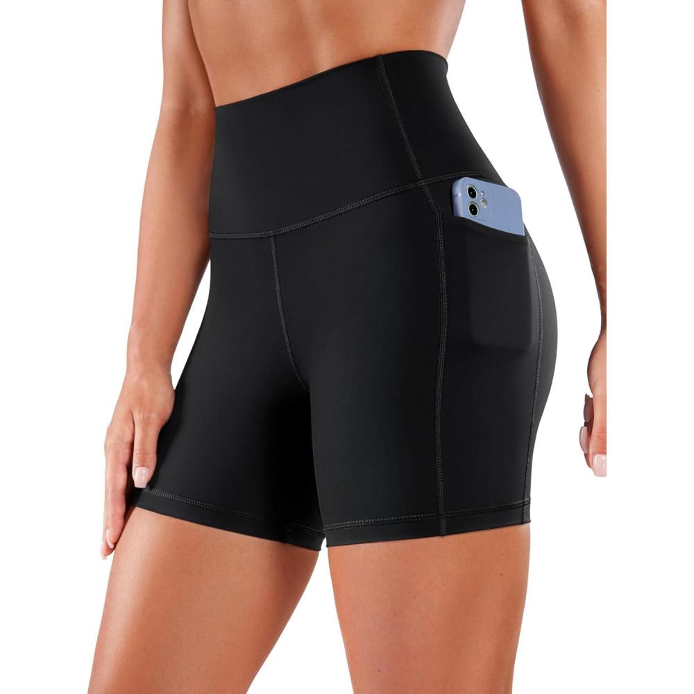 imageCRZ YOGA Womens Naked Feeling Biker Shorts with Pockets 5  High Waisted Yoga Gym Workout SpandexBlack