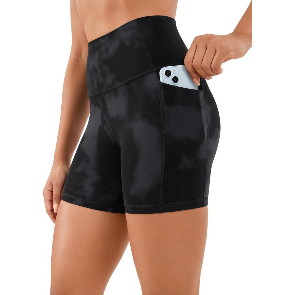 imageCRZ YOGA Womens Naked Feeling Biker Shorts with Pockets 5 High Waisted Yoga Gym Workout SpandexBlack Tie Dye Flowers