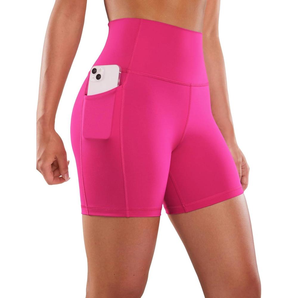 imageCRZ YOGA Womens Naked Feeling Biker Shorts with Pockets 5 High Waisted Yoga Gym Workout SpandexGranita Pink