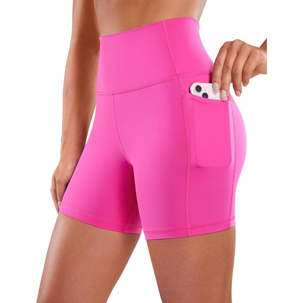 imageCRZ YOGA Womens Naked Feeling Biker Shorts with Pockets 5 High Waisted Yoga Gym Workout SpandexHibiscus Purple