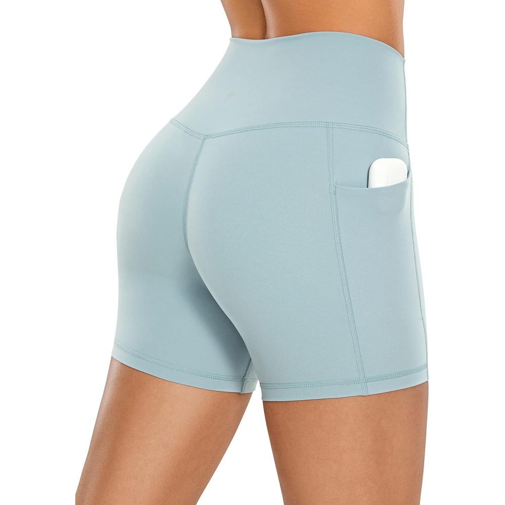 imageCRZ YOGA Womens Naked Feeling Biker Shorts with Pockets 5 High Waisted Yoga Gym Workout SpandexLight Grayish Blue