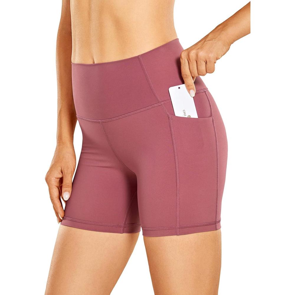 imageCRZ YOGA Womens Naked Feeling Biker Shorts with Pockets 5 High Waisted Yoga Gym Workout SpandexMisty Merlot