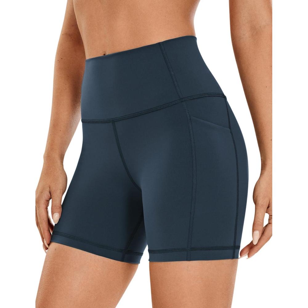 imageCRZ YOGA Womens Naked Feeling Biker Shorts with Pockets 5 High Waisted Yoga Gym Workout SpandexTrue Navy