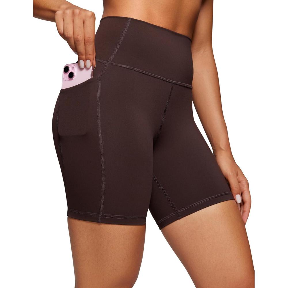 imageCRZ YOGA Womens Naked Feeling Biker Shorts with Pockets 6 High Waisted Yoga Gym Workout SpandexHot Fudge Brown