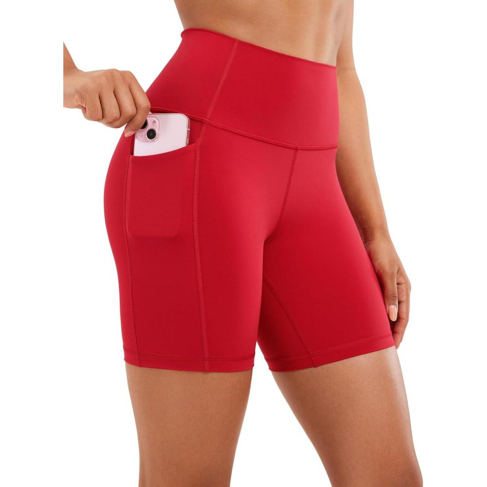 imageCRZ YOGA Womens Naked Feeling Biker Shorts with Pockets 6 High Waisted Yoga Gym Workout SpandexRed Chili