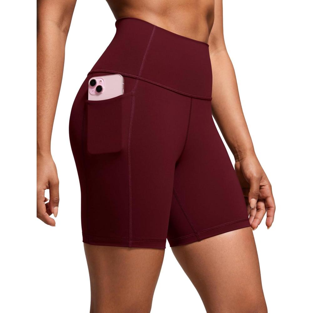 imageCRZ YOGA Womens Naked Feeling Biker Shorts with Pockets 6 High Waisted Yoga Gym Workout SpandexRed Merlot