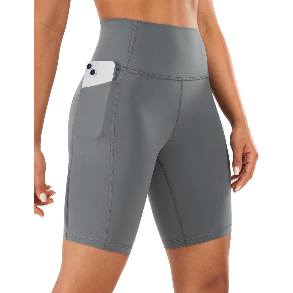 imageCRZ YOGA Womens Naked Feeling Biker Shorts with Pockets 8 High Waisted Yoga Gym Workout SpandexDark Carbon