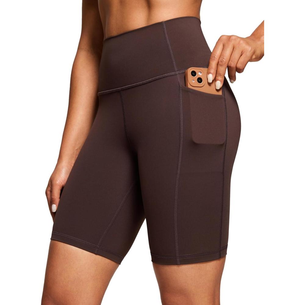imageCRZ YOGA Womens Naked Feeling Biker Shorts with Pockets 8 High Waisted Yoga Gym Workout SpandexHot Fudge Brown