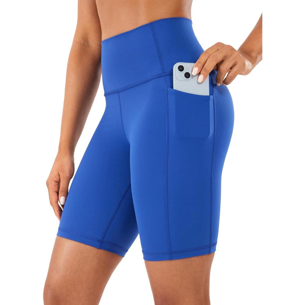 imageCRZ YOGA Womens Naked Feeling Biker Shorts with Pockets 8 High Waisted Yoga Gym Workout SpandexWaves Blue