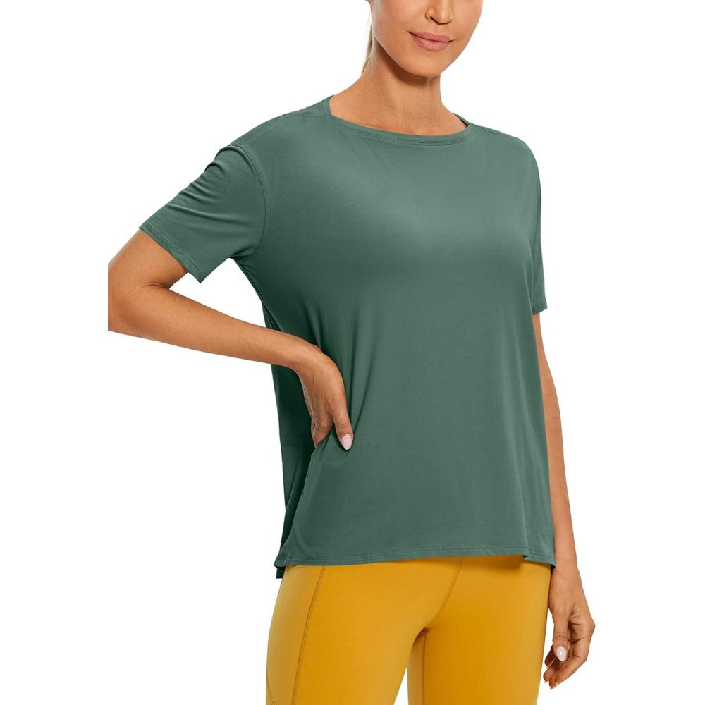 imageCRZ YOGA Womens Pima Cotton Short Sleeve Shirts Boat Neck Loose Fit Gym Workout TShirt Athletic Casual TopsGraphite Green