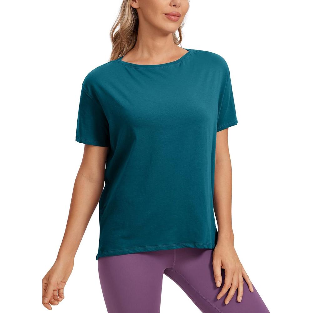 imageCRZ YOGA Womens Pima Cotton Short Sleeve Shirts Boat Neck Loose Fit Gym Workout TShirt Athletic Casual TopsGreen Jade