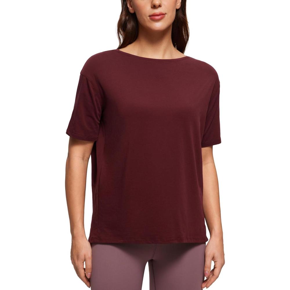 imageCRZ YOGA Womens Pima Cotton Short Sleeve Shirts Boat Neck Loose Fit Gym Workout TShirt Athletic Casual TopsRed Merlot