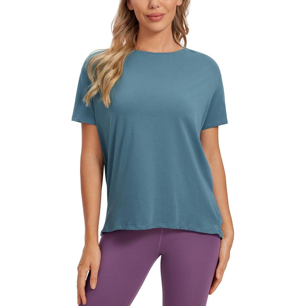 imageCRZ YOGA Womens Pima Cotton Short Sleeve Shirts Boat Neck Loose Fit Gym Workout TShirt Athletic Casual TopsSlate Blue