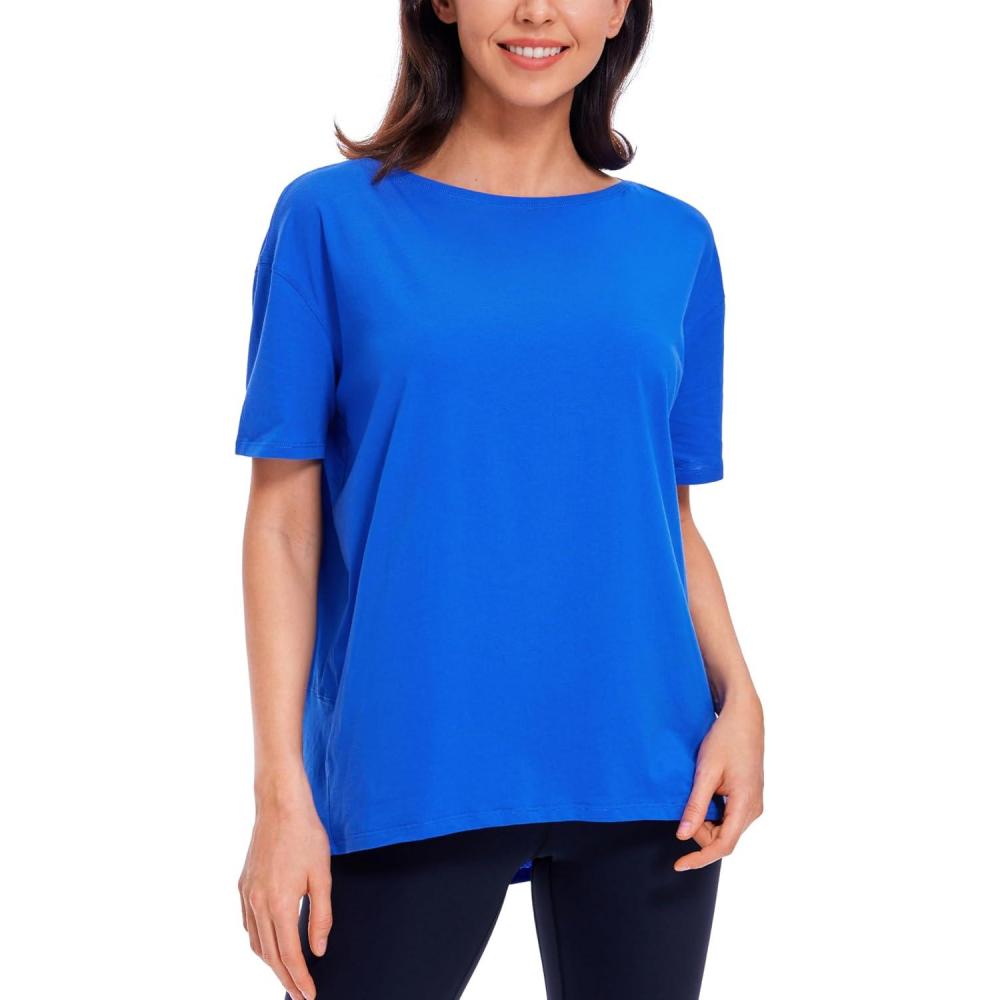 imageCRZ YOGA Womens Pima Cotton Short Sleeve Shirts Boat Neck Loose Fit Gym Workout TShirt Athletic Casual TopsStrong Blue