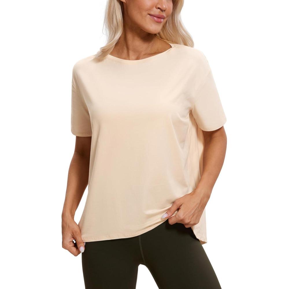 imageCRZ YOGA Womens Pima Cotton Short Sleeve Shirts Boat Neck Loose Fit Gym Workout TShirt Athletic Casual TopsWhite Opal