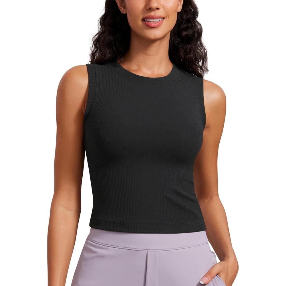 imageCRZ YOGA Womens Ribbed High Neck Tanks Sleeveless Fitted Basic Tops Going Out Casual Yoga Workout ShirtsBlack