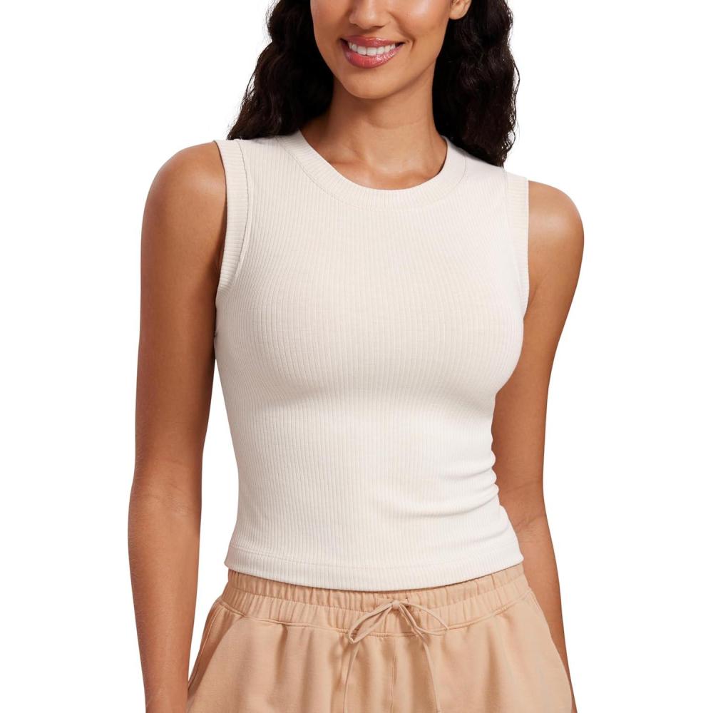 imageCRZ YOGA Womens Ribbed High Neck Tanks Sleeveless Fitted Basic Tops Going Out Casual Yoga Workout ShirtsMilky White Bone