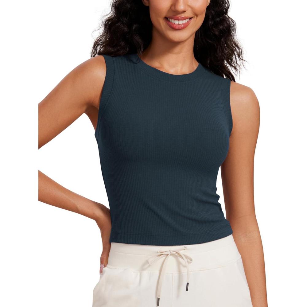 imageCRZ YOGA Womens Ribbed High Neck Tanks Sleeveless Fitted Basic Tops Going Out Casual Yoga Workout ShirtsTrue Navy