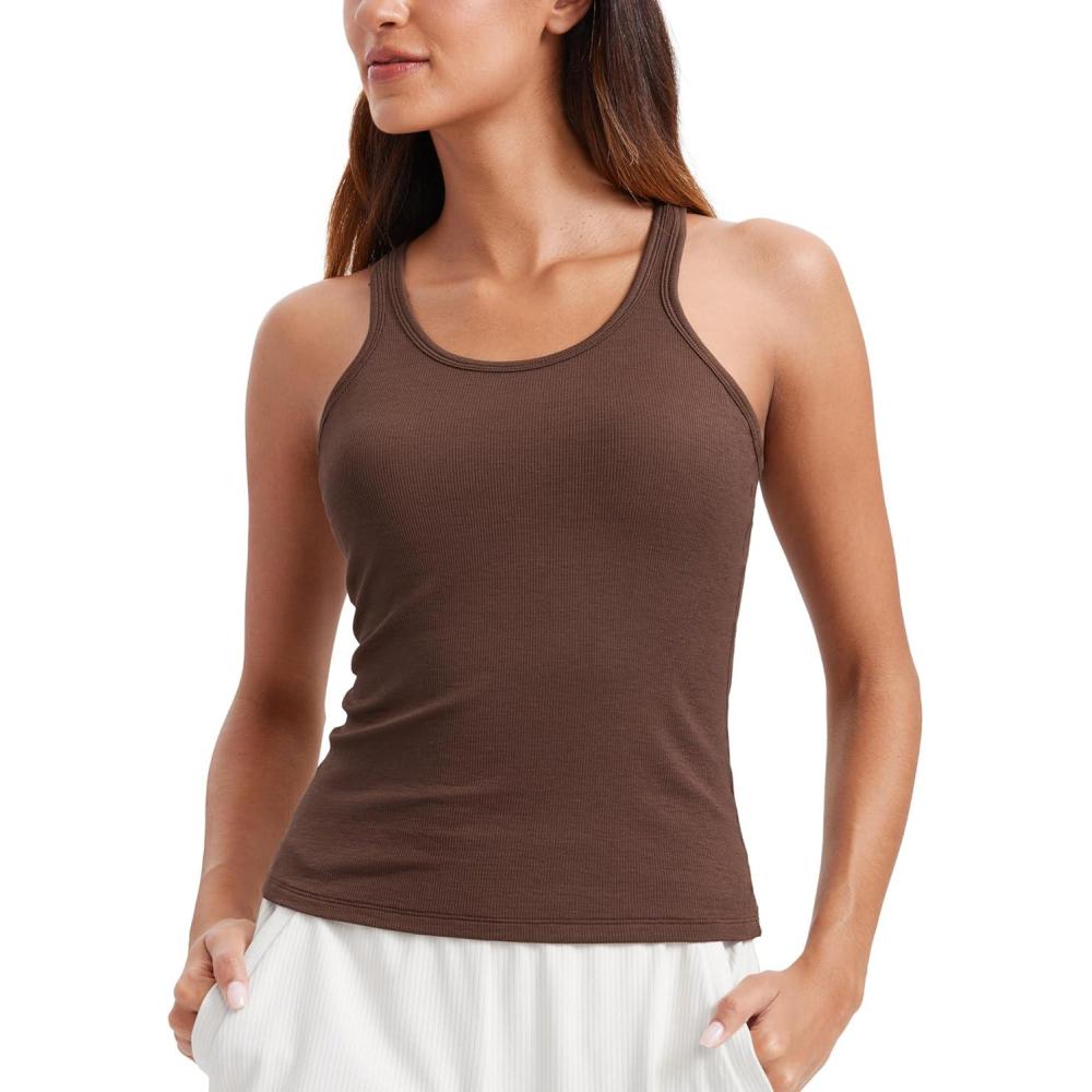 imageCRZ YOGA Womens Ribbed Modal Casual Tank Racerback Thin Strap Basic Sleeveless Shirts Going Out Fitted Workout TopsCoffee Brown