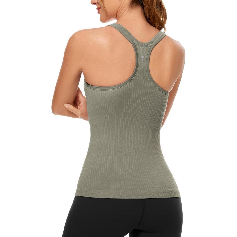 imageCRZ YOGA Womens Seamless Ribbed Racerback Tank Tops with Built in Bra Padded Scoop Neck Slimming Athletic Long CamisoleDark Green