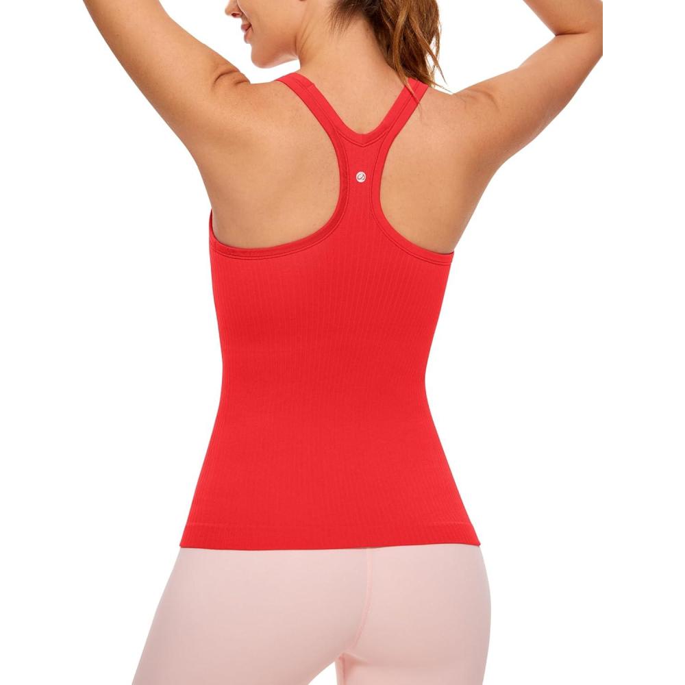 imageCRZ YOGA Womens Seamless Ribbed Racerback Tank Tops with Built in Bra Padded Scoop Neck Slimming Athletic Long CamisoleDeep Red