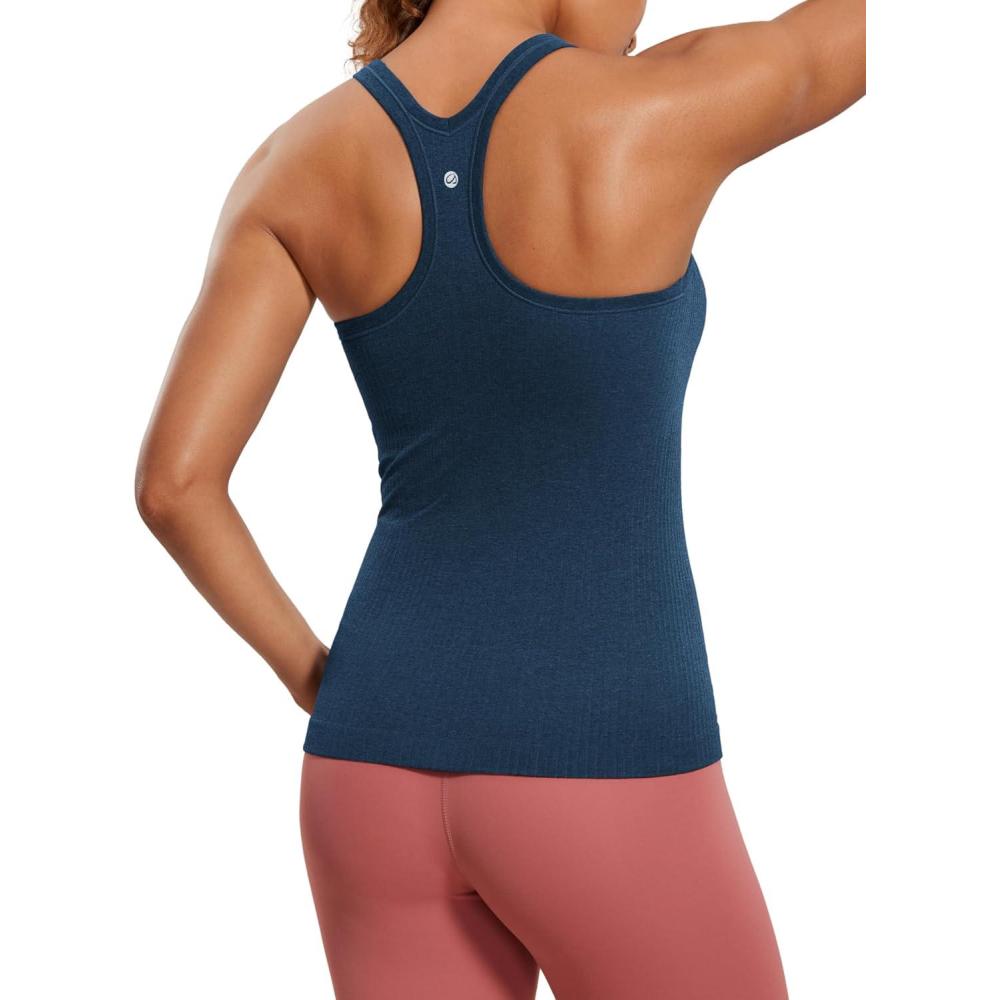 imageCRZ YOGA Womens Seamless Ribbed Racerback Tank Tops with Built in Bra Padded Scoop Neck Slimming Athletic Long CamisoleFrench Navy