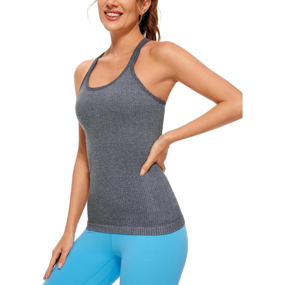 imageCRZ YOGA Womens Seamless Ribbed Racerback Tank Tops with Built in Bra Padded Scoop Neck Slimming Athletic Long CamisoleLight Gray 7