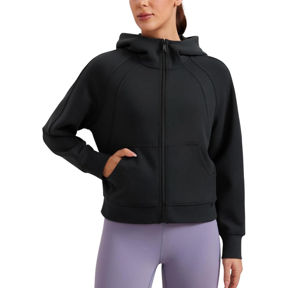 imageCRZ YOGA Womens SoftAura Full Zip Up Hoodie Workout Casual Hooded Sweatshirt Long Sleeve Athletic JacketBlack
