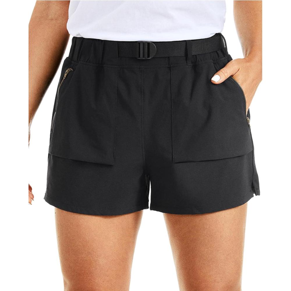 imageCRZ YOGA Womens Waterproof Stretch Hiking Shorts Mid Rise Summer for Outdoor Golf Workout with Zip Pockets Belt  3Black