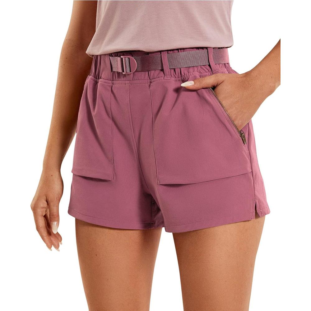 imageCRZ YOGA Womens Waterproof Stretch Hiking Shorts Mid Rise Summer for Outdoor Golf Workout with Zip Pockets Belt  3Misty Merlot