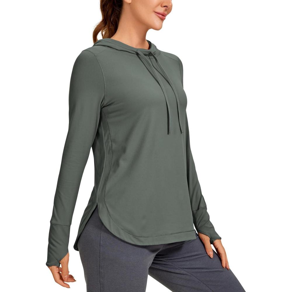 imageCRZ YOGA Workout Long Sleeve Shirt for Women Hoodie Pullover Athletic Hooded Sweatshirts Sports Gym Tops with ThumbholeGrey Sage