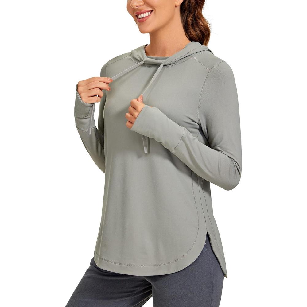 imageCRZ YOGA Workout Long Sleeve Shirt for Women Hoodie Pullover Athletic Hooded Sweatshirts Sports Gym Tops with ThumbholeRock Grey