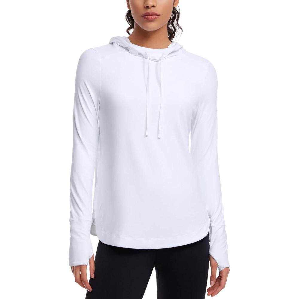 imageCRZ YOGA Workout Long Sleeve Shirt for Women Hoodie Pullover Athletic Hooded Sweatshirts Sports Gym Tops with ThumbholeWhite