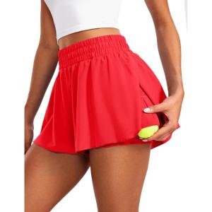 CRZ YOGA 2 in 1 Split Flowy Running Shorts for Women 3″ – High Waisted Quick Dry Skirts for Tennis Workout Athletic Lounge(Deep Red)