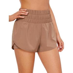 CRZ YOGA 2 in 1 Split Running Shorts for Women 3″ – High Waisted Workout Athletic Gym Tennis with Pocket(Mocha Mousse)