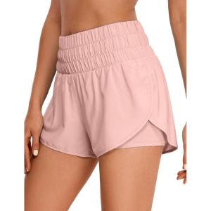 CRZ YOGA 2 in 1 Split Running Shorts for Women 3″ – High Waisted Workout Athletic Gym Tennis with Pocket(Puff Pink)
