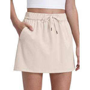 CRZ YOGA 4-Way Stretch A Line Skirts for Women – High Waitsted Mini Lined Tennis Work Drawstring Skort with Pockets(Mojave Tan)